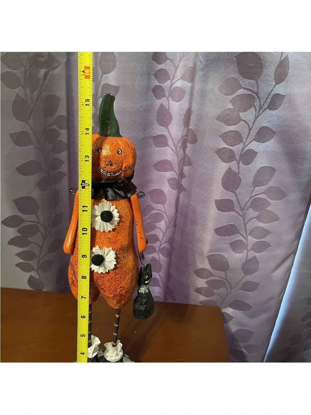 RARE Pier 1 Pumpkin Head With Cat Halloween Figurine Folk Art  Glittery 15½